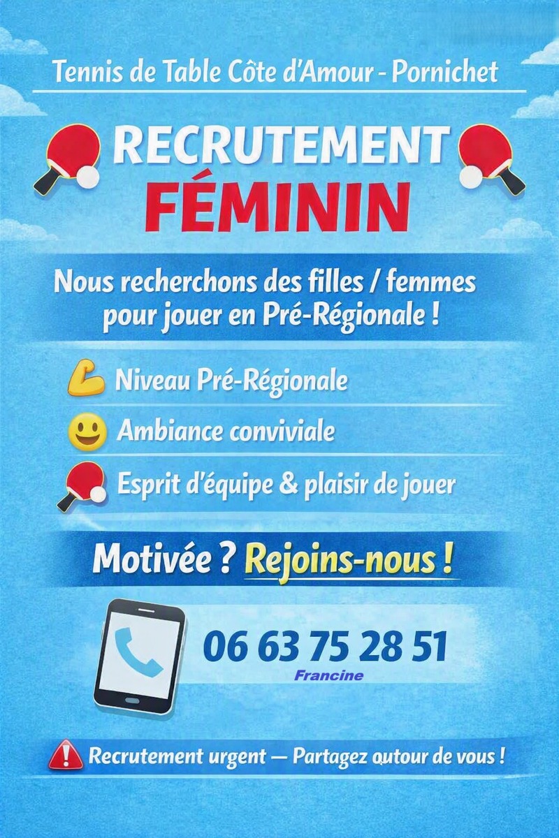 Le TTCA recherche des joueuses pour son équipe féminine !